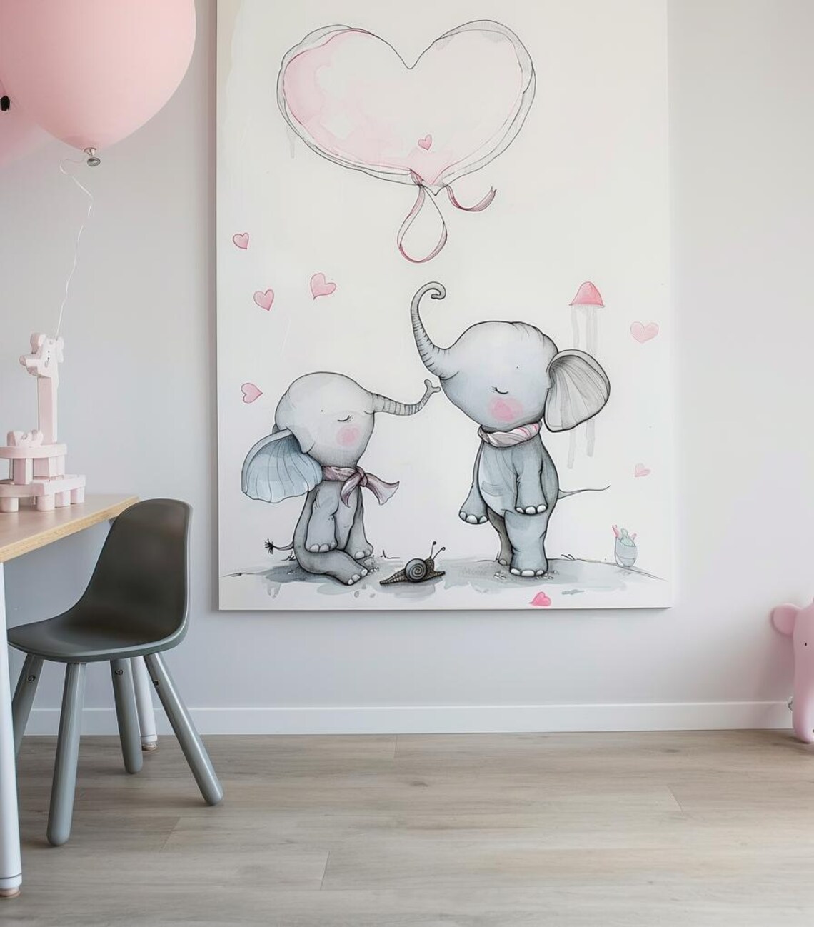 Two Baby Elephants With Pink Heart Balloon Nursery Art Poster - Image 3