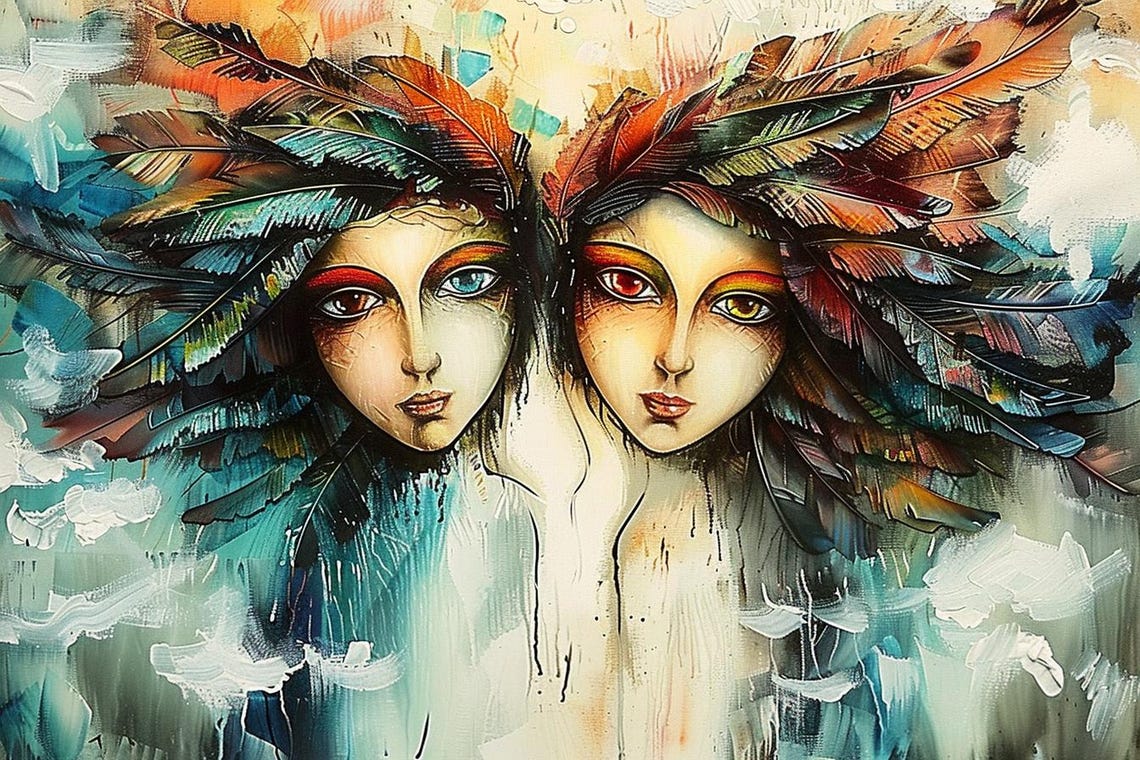 Kindred Souls Twin Women With Feather Headdresses Art Poster - Image 2