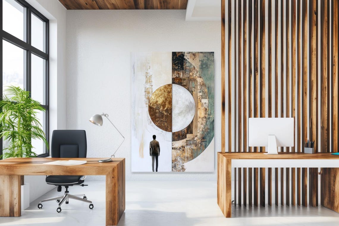 Half Gold Half White Moon With Lone Walking Figure Abstract Poster - Image 3