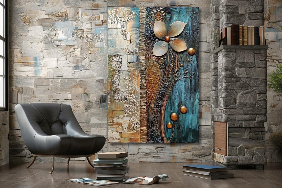 Gold Flower Relief On Teal And Bronze Textured Abstract Poster