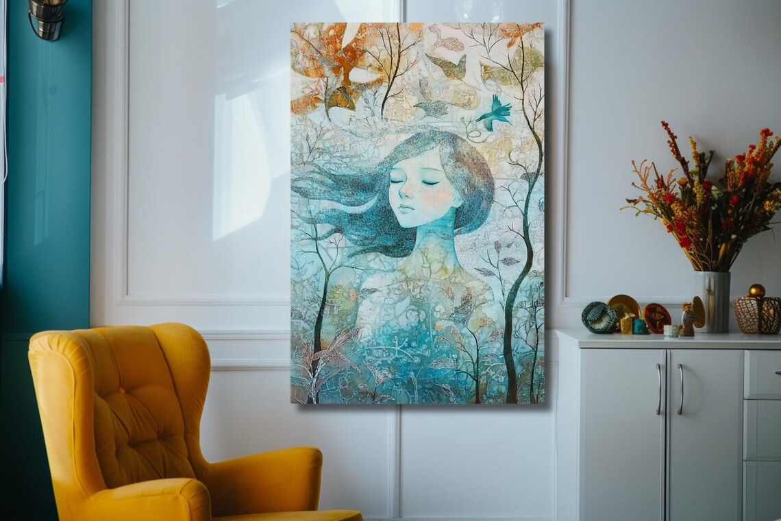 Serene Woman Face In Forest Teal Blue Fantasy Portrait Poster - Image 2