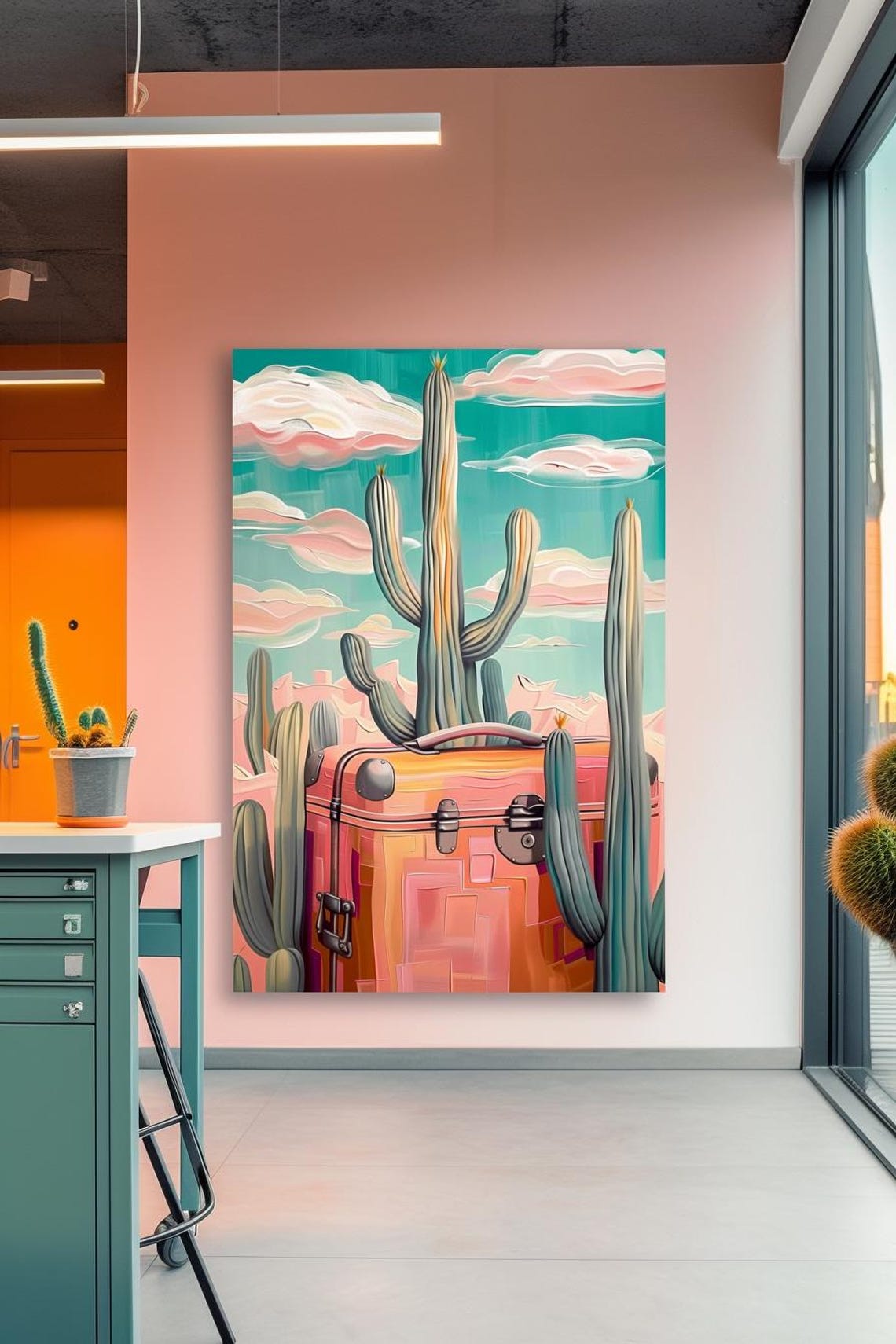 Pink Vintage Suitcase Among Saguaro Cacti In Desert Sunset Poster - Image 3