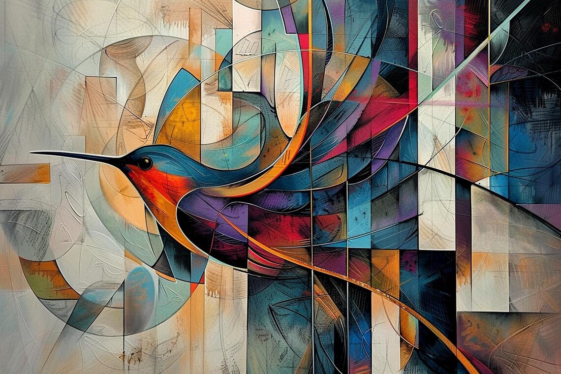 Colorful Hummingbird Geometric Abstract Modern Bird Decor Poster - Image 2