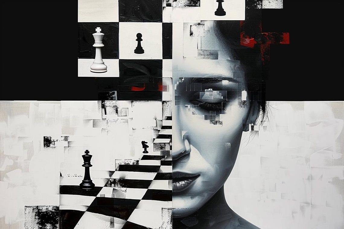 Woman's Face Merging With Chessboard Black White Mind Poster - Image 2