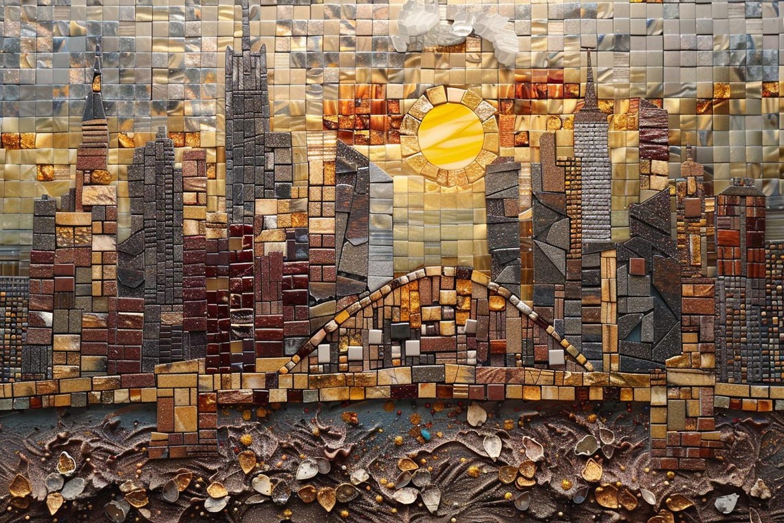 City Skyline With Bridge Mosaic Tile Golden Sunset Art Poster - Image 2