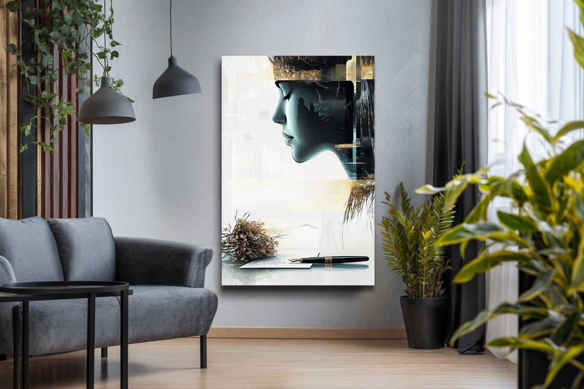 Minimalist Woman's Profile with Fountain Pen Abstract Painting Poster - Image 3