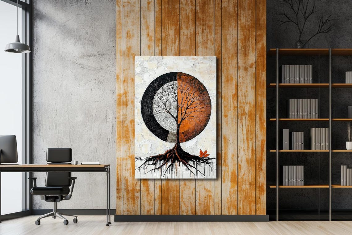 Tree Of Life In Split Black And Orange Circle Abstract Poster - Image 3