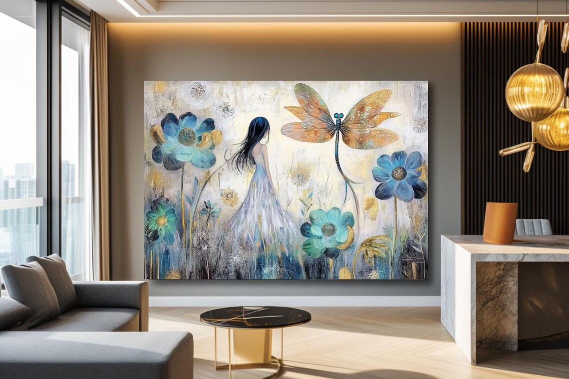 Girl In White Dress Among Blue Flowers And Golden Dragonfly Poster - Image 3
