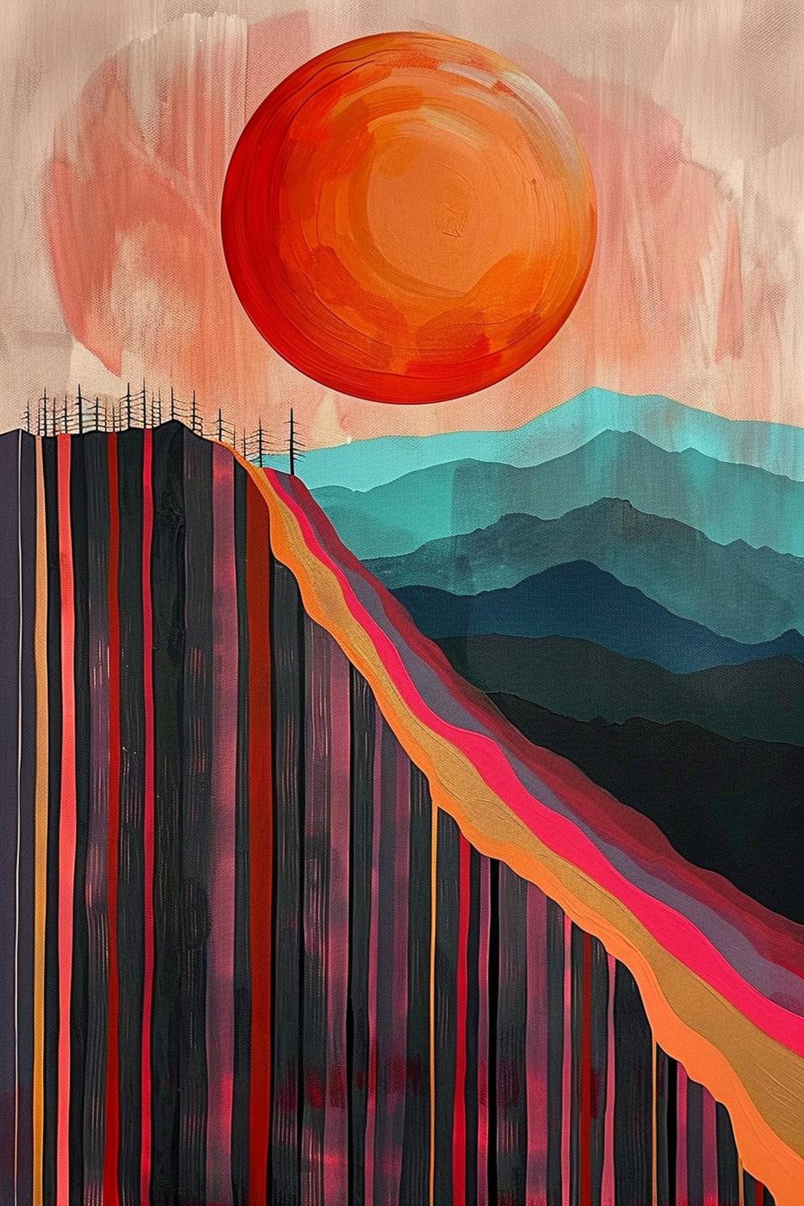 Giant Red Sun Over Layered Mountains And Striped Cliff Poster - Image 2