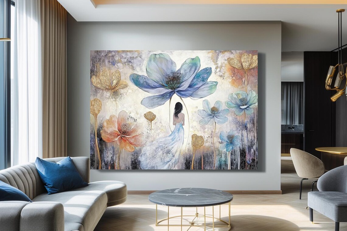 Woman in Blue Dress Among Giant Blossoms Floral Painting Poster