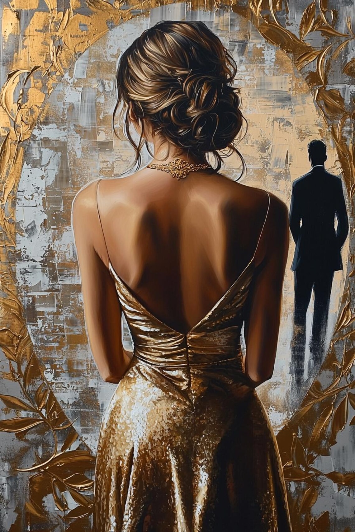 Woman in Gold Dress Watching a Distant Man Abstract Painting Poster - Image 2