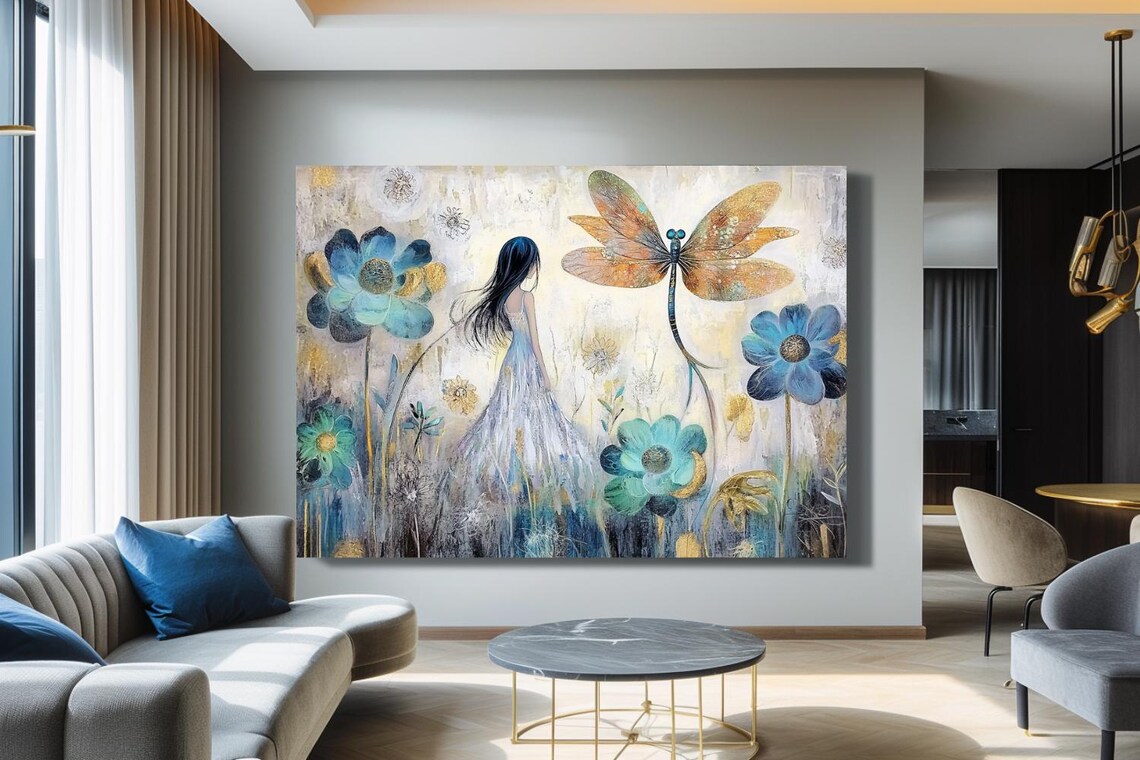 Girl In White Dress Among Blue Flowers And Golden Dragonfly Poster