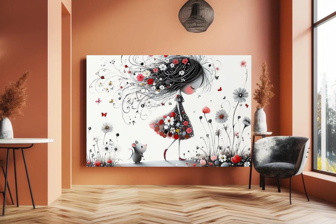 Whimsical Girl with Flower Hair and Mouse in Wildflower Meadow Poster - Image 2