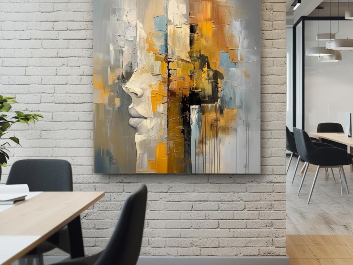 Abstract Woman Profile in White with Amber Palette Knife Art Poster - Image 3