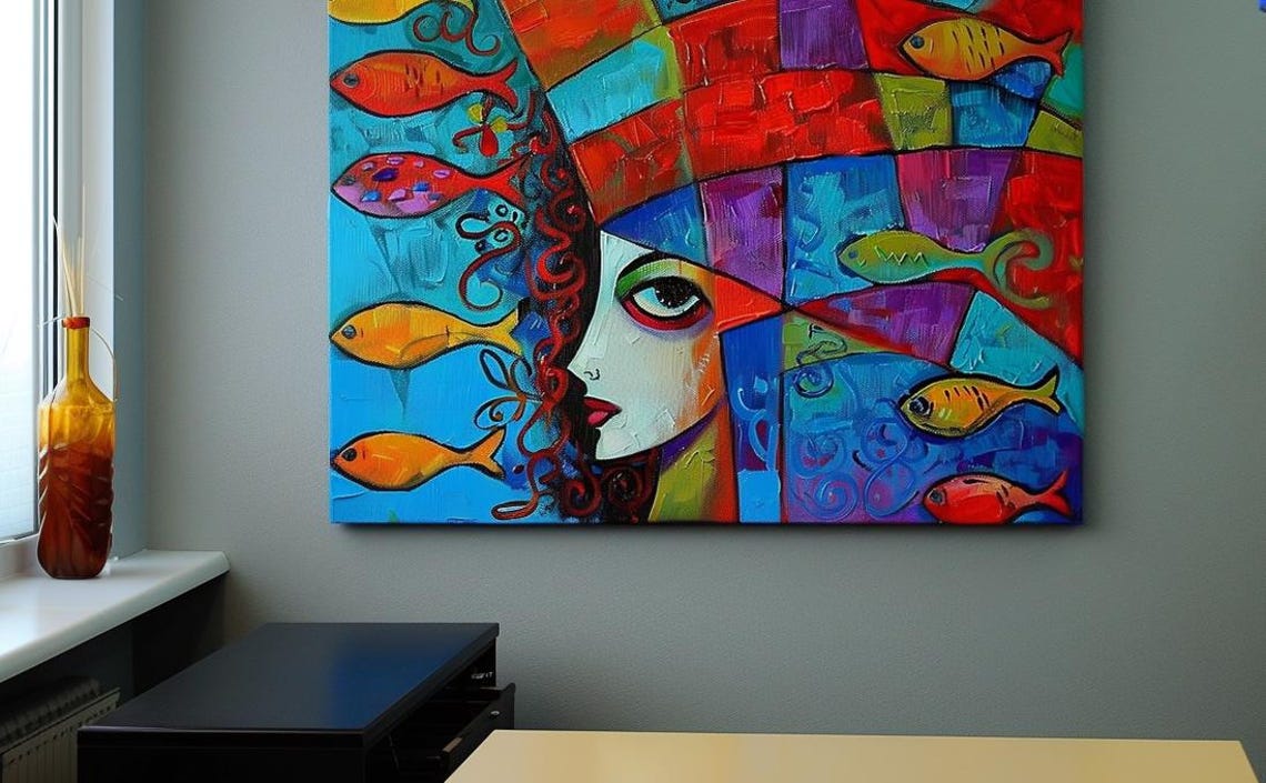 Cubist Woman Profile with Colorful Fish Bold Modern Art Poster