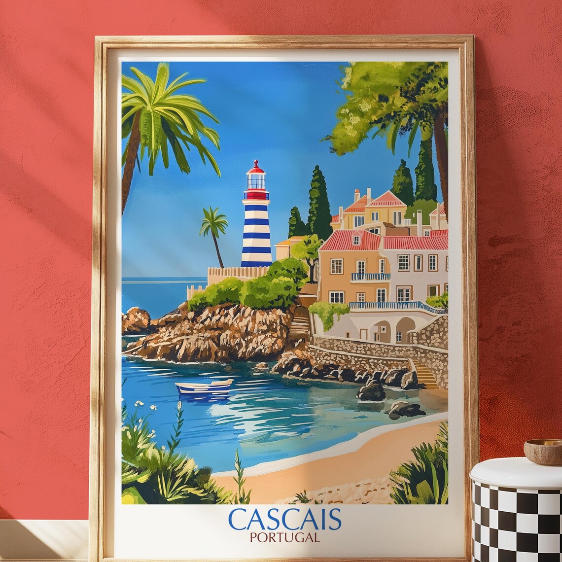 Cascais Portugal Striped Lighthouse Coastal Town Travel Poster