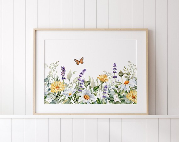 Spring Wildflowers Butterfly Watercolor Daisy Lavender Poster