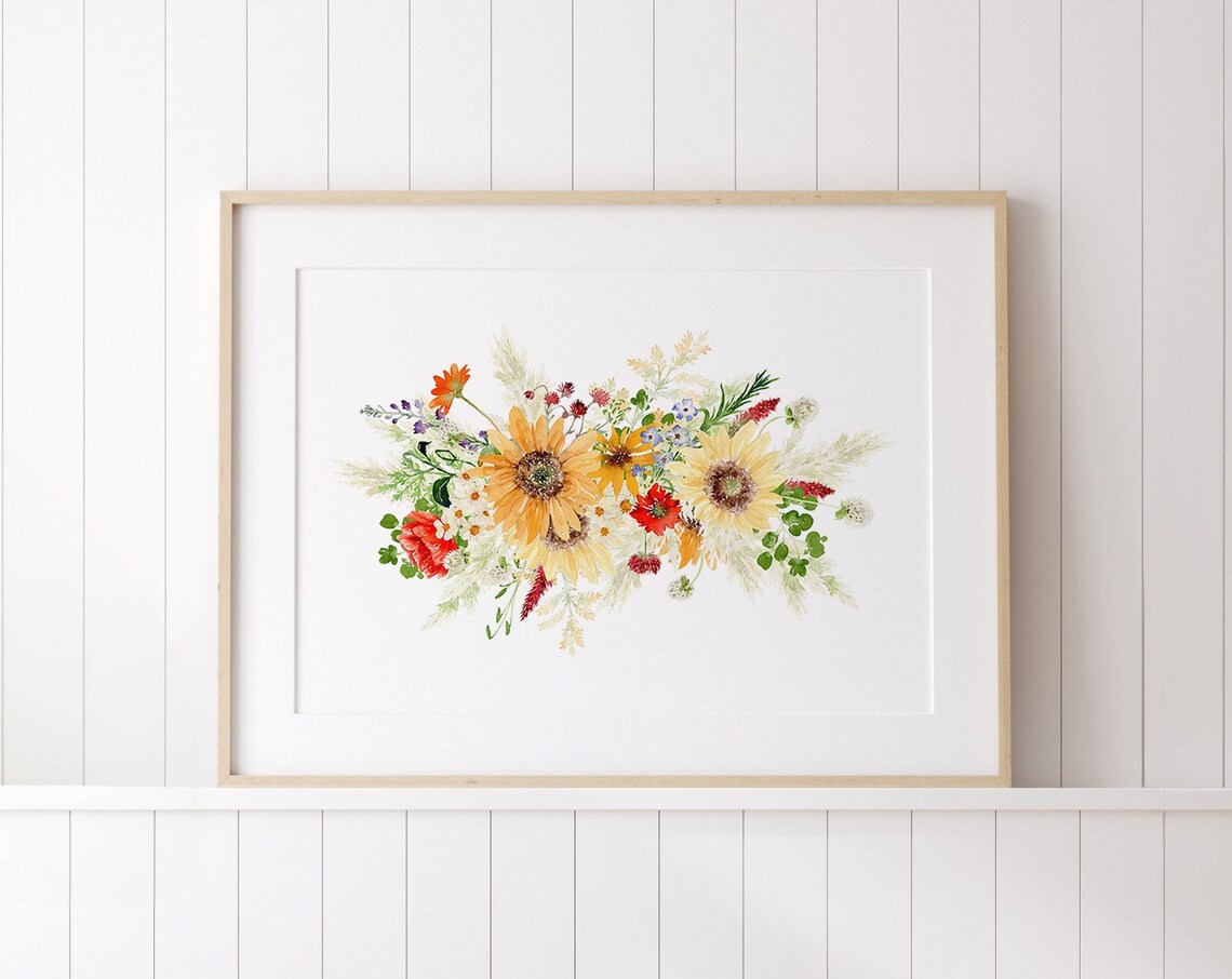Autumn Floral Bouquet with Sunflowers Watercolor Fall Art Print