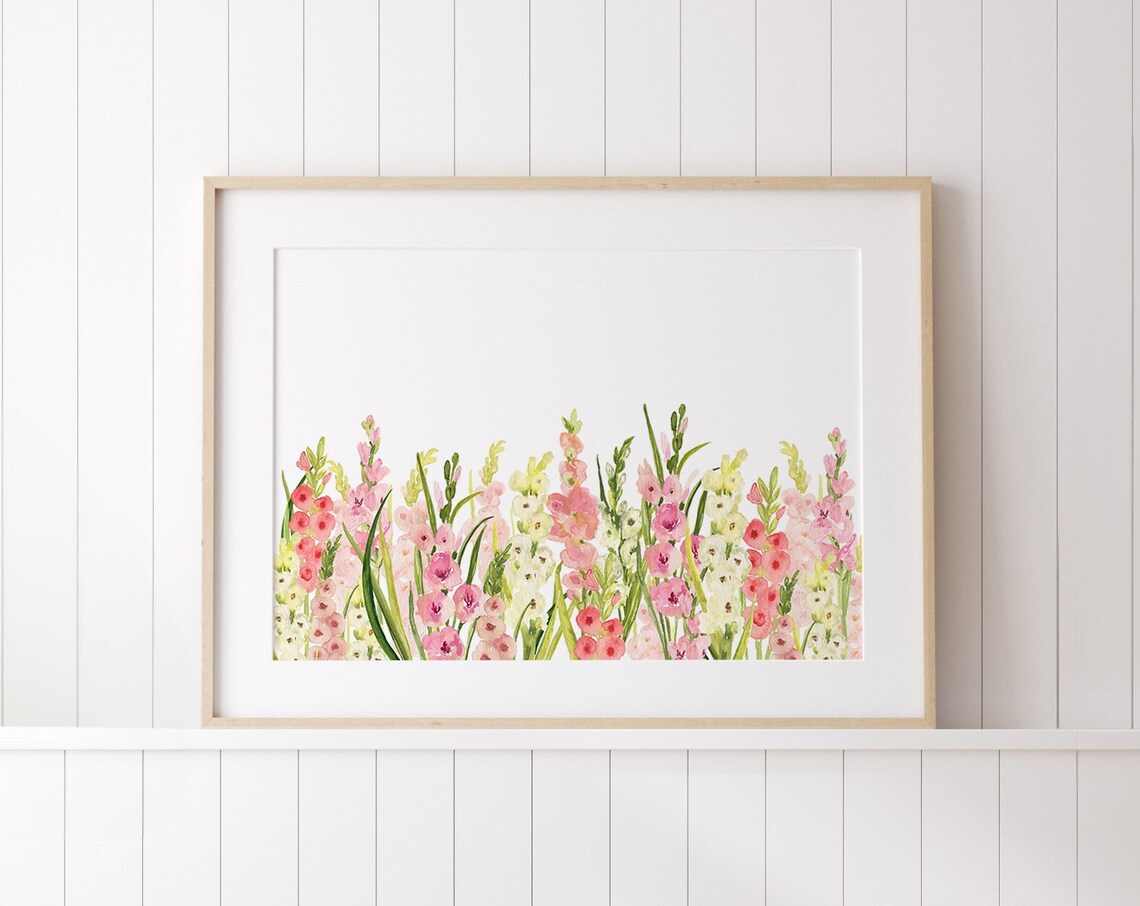 Pink Watercolor Gladiolus Flowers Spring Floral Botanical Art Print