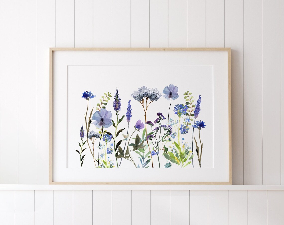 Blue Purple Watercolor Wildflowers Botanical Spring Floral Poster