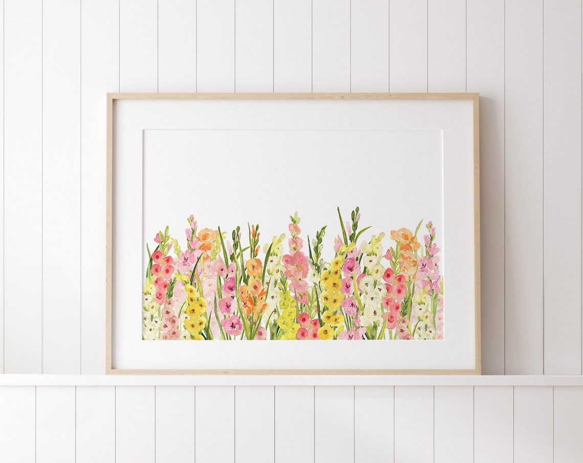 Pink Gladiolus Watercolor Flower Border Spring Botanical Art Poster