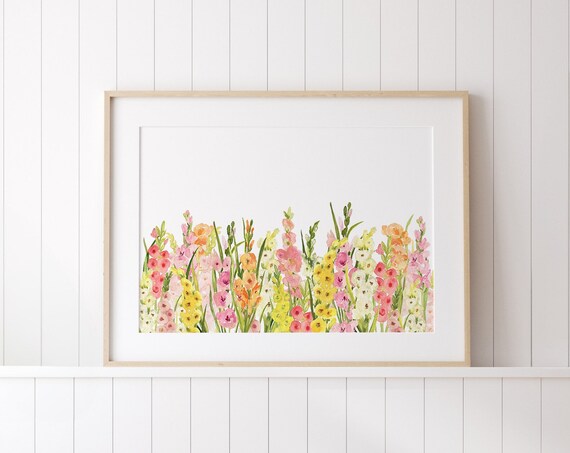 Pink Gladiolus Watercolor Flower Border Spring Botanical Art Poster
