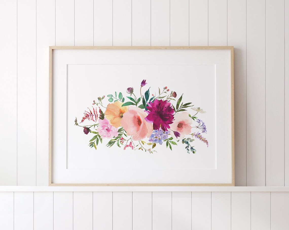 Pink Watercolor Floral Bouquet Spring Botanical Arrangement Art Poster