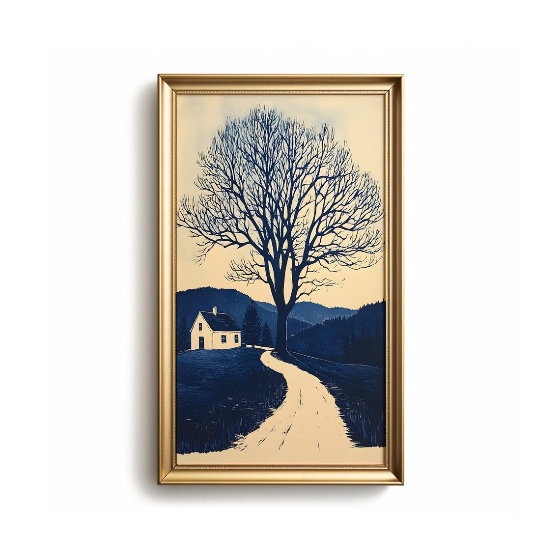 Winter Cottage Path Bare Tree Duotone Navy Cream Vintage Scene Poster