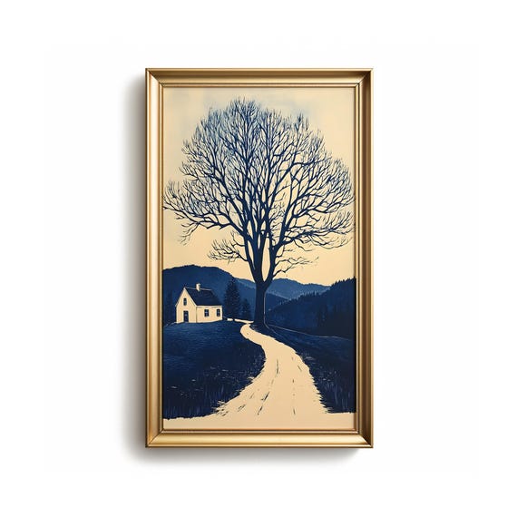 Rustic Countryside Cottage Tree Art Print Minimalist Rural Landscape Painting For Farmhouse Decor