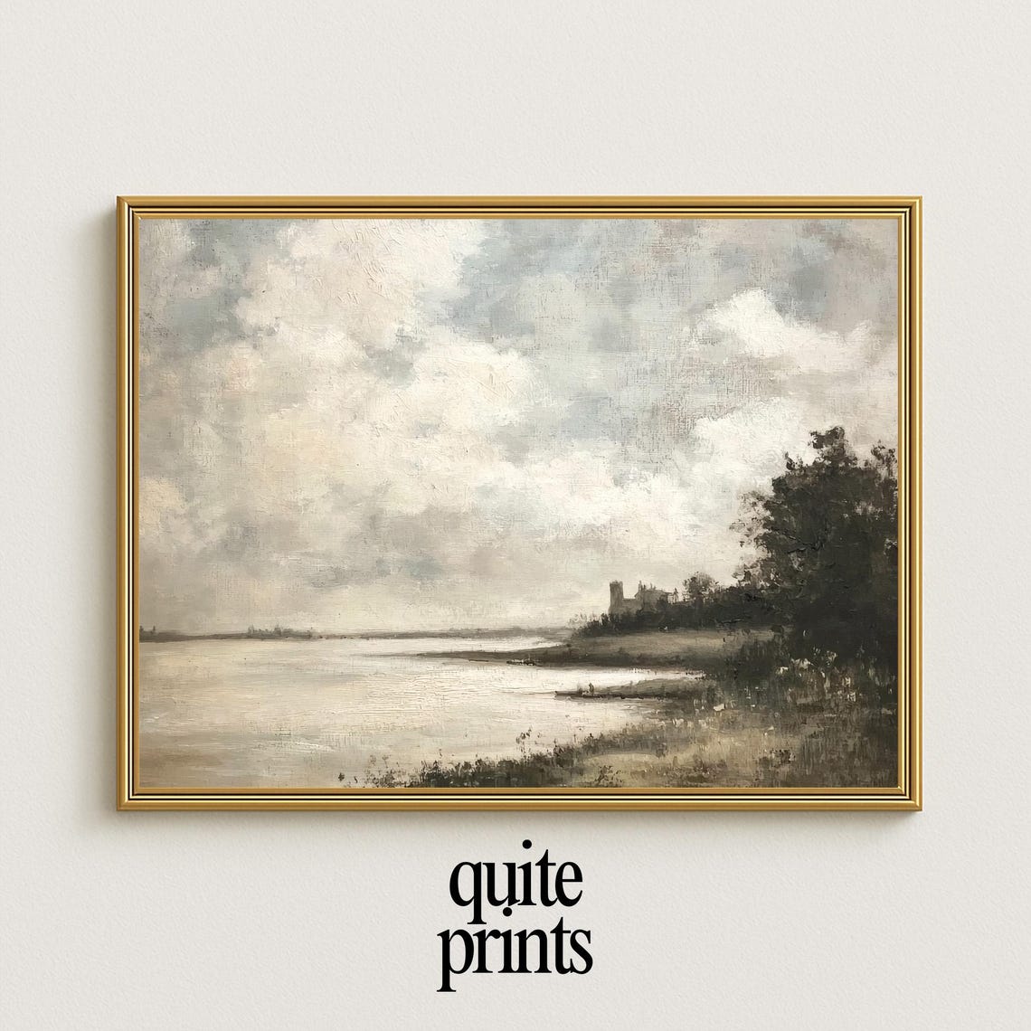 Moody Lakeside Landscape Painting Cloudy Sky Neutral Watercolor Poster