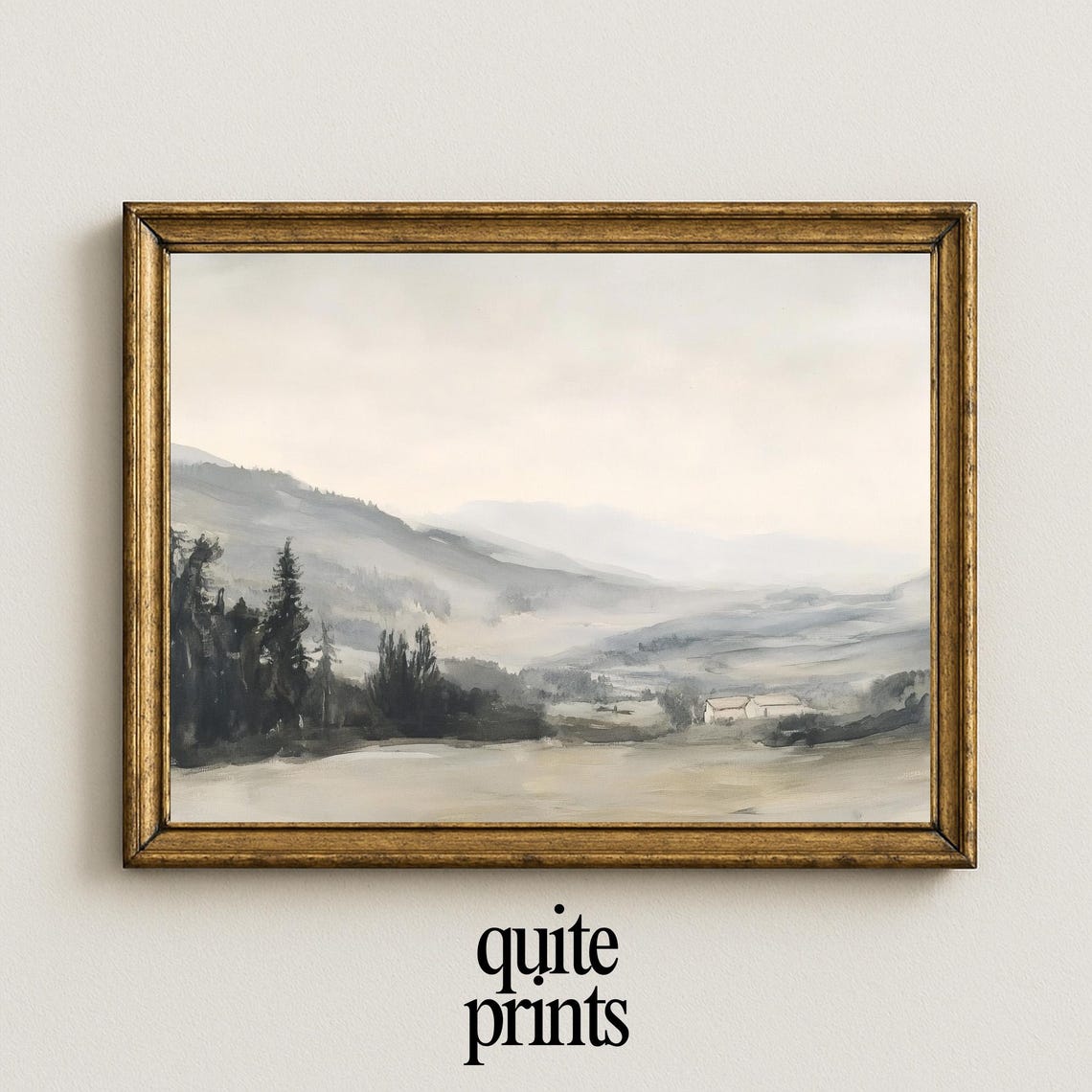 Misty Mountain Valley Pine Trees Soft Neutral Landscape Poster