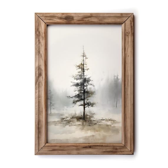 Misty Lone Pine Forest Landscape Neutral Wall Art For Rustic Minimal Decor