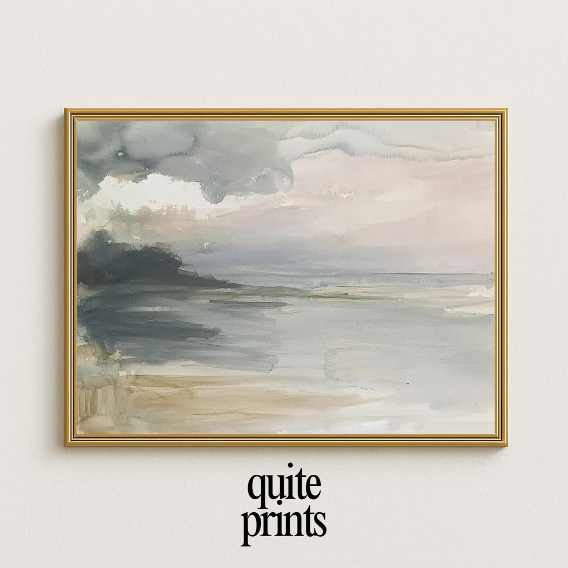 Vintage Neutral Seascape Painting Moody Beach Cloudy Waves Poster