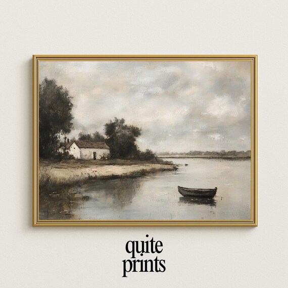 Rowboat Calm Water Thatched Cottage Misty Trees Rustic Vintage Lake Landscape Wall Art