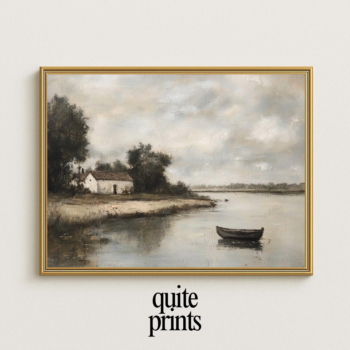 Rowboat Calm Water Thatched Cottage Misty Trees Rustic Vintage Lake Landscape Wall Art