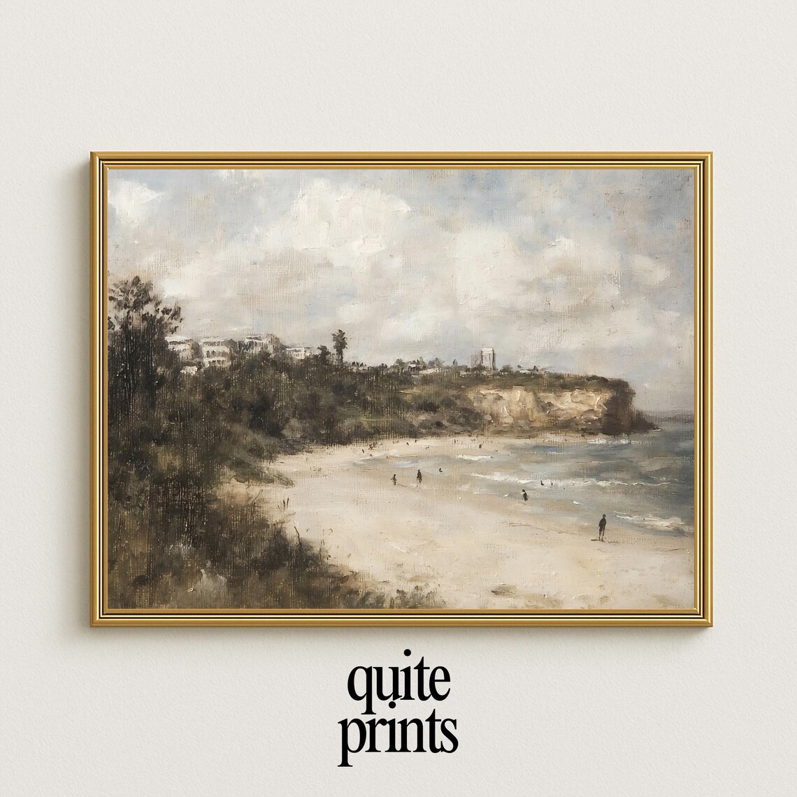 Sandy Beach Cliffs Waves Tiny Figures Vintage Oil Painting Coastal Scene Wall Art