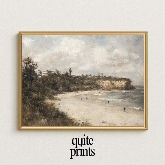 Sandy Beach Cliffs Waves Tiny Figures Vintage Oil Painting Coastal Scene Wall Art