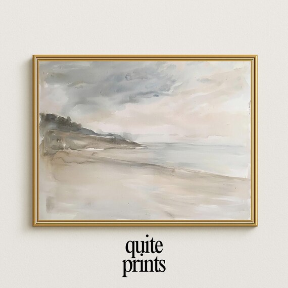 Minimalist Beach Seascape Watercolor Soft Grey Neutral Coastal Poster