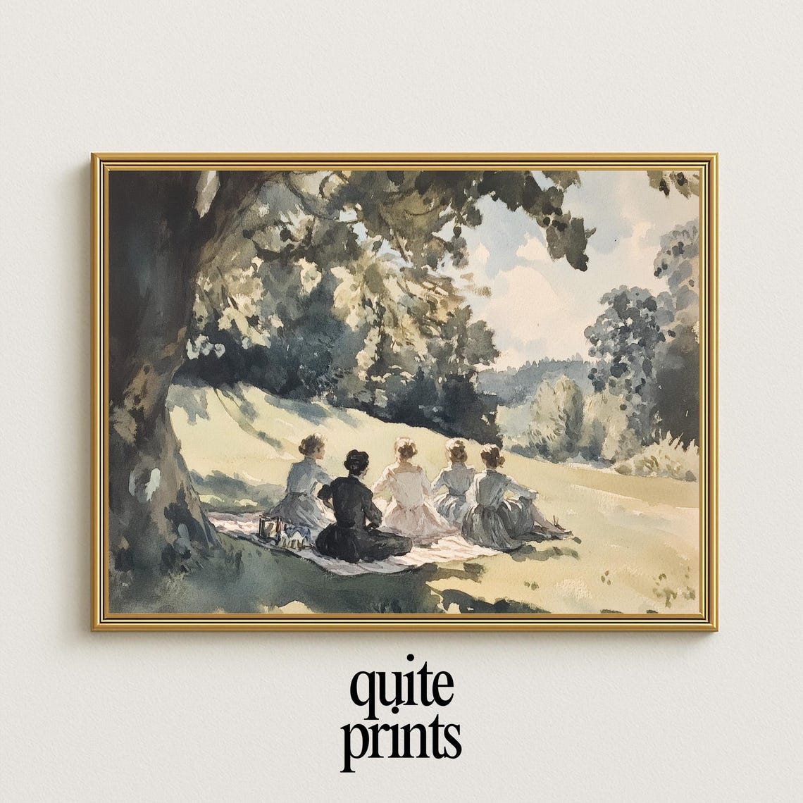 Five Women Picnicking Under Grand Tree Watercolor Landscape Poster