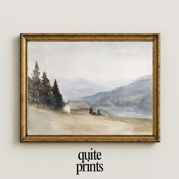 Rustic Mountain Cottage Landscape Oil Painting Minimalist Midcentury Modern Wall Art