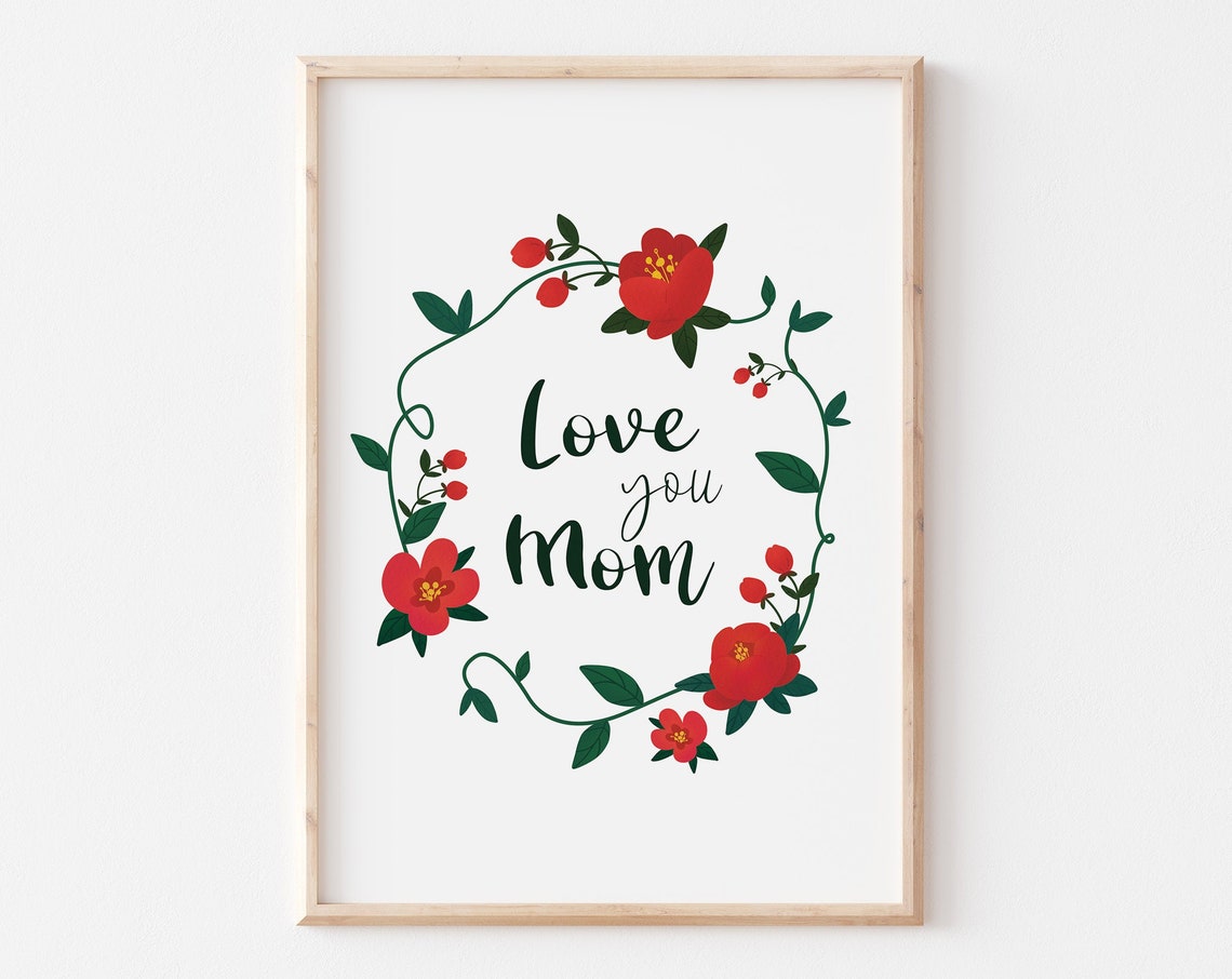 Love You Mom Script Red Floral Vine Wreath Mother's Day Gift Wall Art
