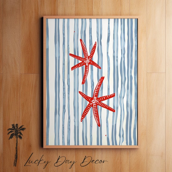 Coastal Red Starfish Sea Life Decor Bathroom Nursery Wall Art Seahorses Inspired Beach Ocean Print Minimalist Trendy