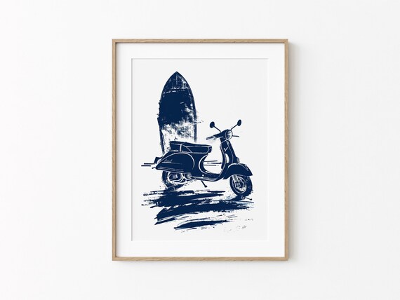 Vintage Vespa Scooter and Surfboard Navy Ink Coastal Wall Art