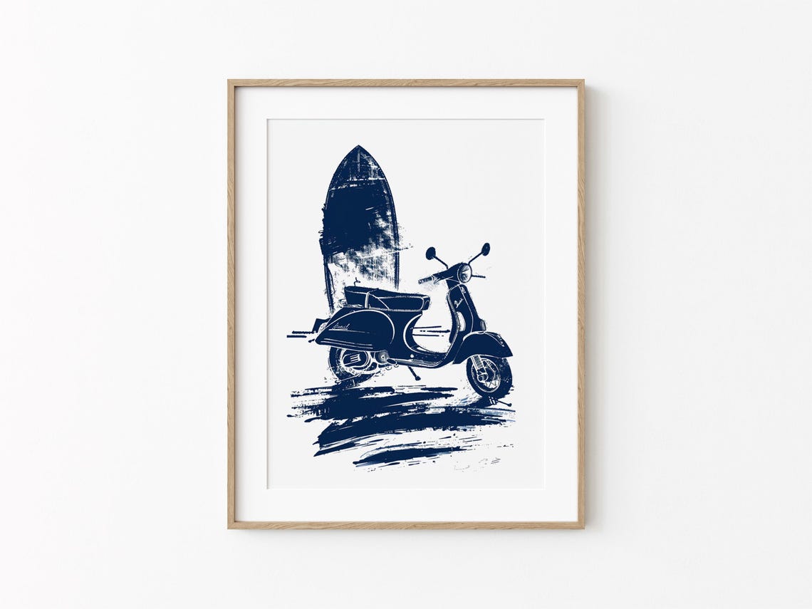 Vintage Vespa Scooter and Surfboard Navy Ink Coastal Wall Art