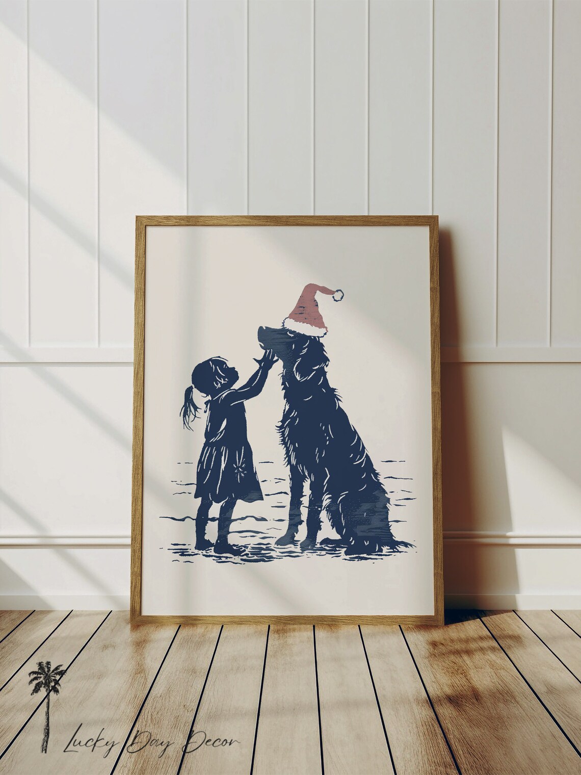 Girl And Santa Hat Dog Beach Christmas Blue Ink Silhouette Poster