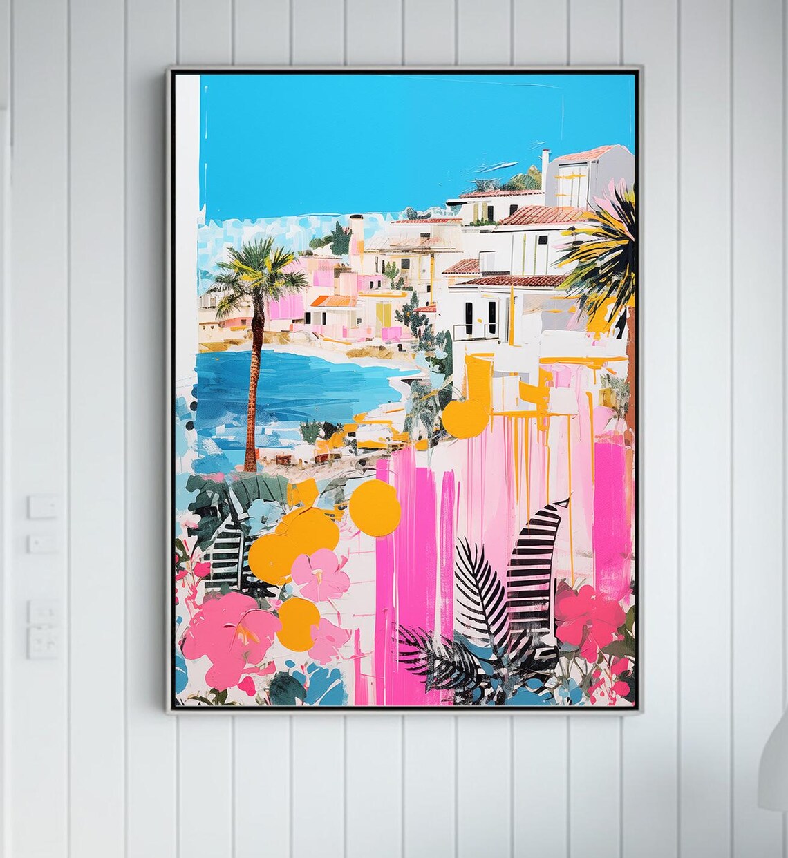 Colorful Mediterranean Hillside Town Painting Pink Houses Palm Trees Poster