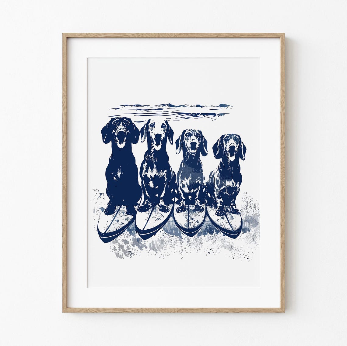 Four Happy Dachshunds On Surfboards Fun Navy Beach Wall Print