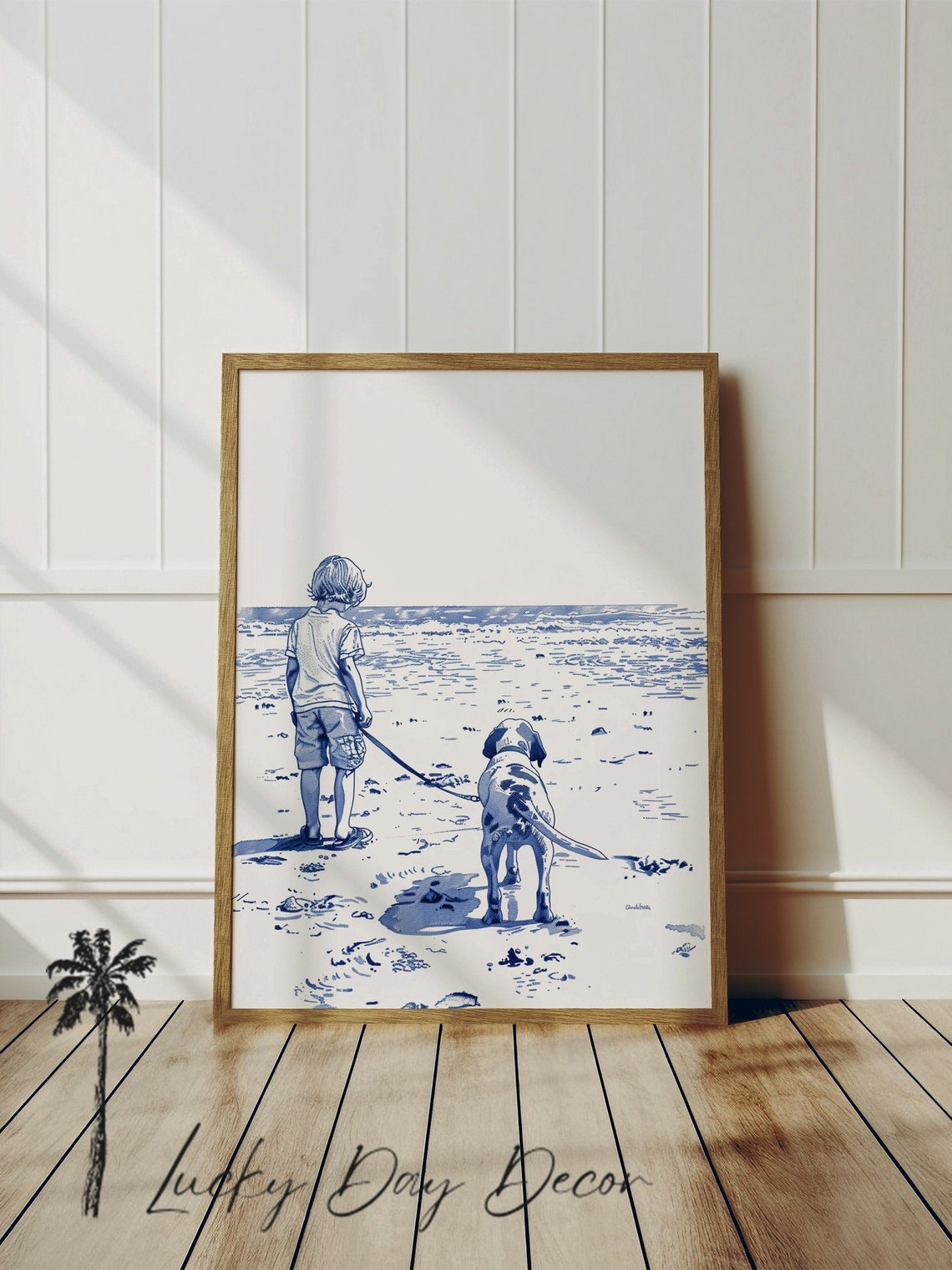 Boy and Dalmatian Beach Walk Blue Ink Coastal Sketch Art Print