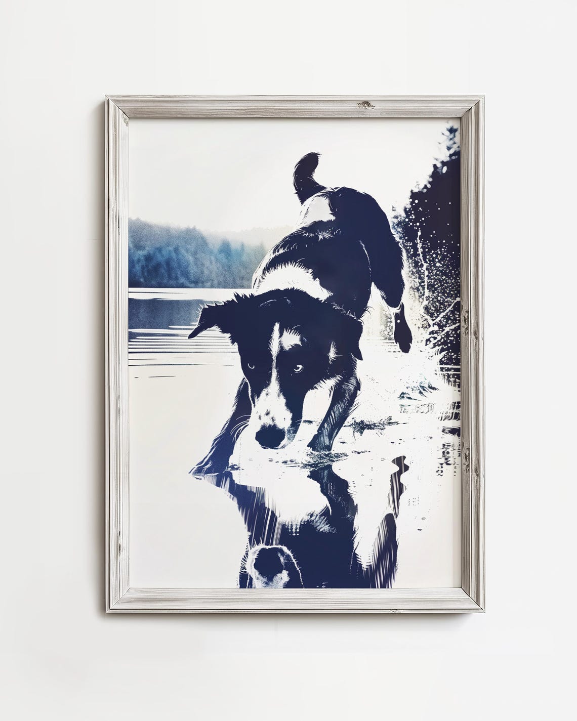 Border Collie Water Splash Lake Play Navy Silhouette Art Poster