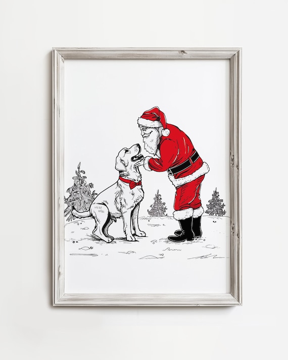 Santa Claus Petting Golden Dog Christmas Sketch Holiday Poster